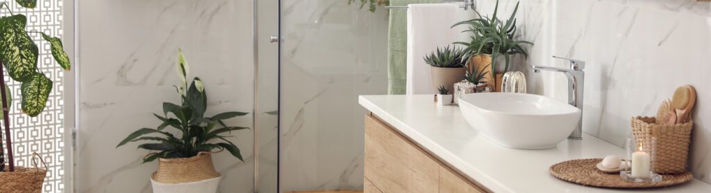 Stylish bathroom interior with countertop, shower stall and houseplants. 