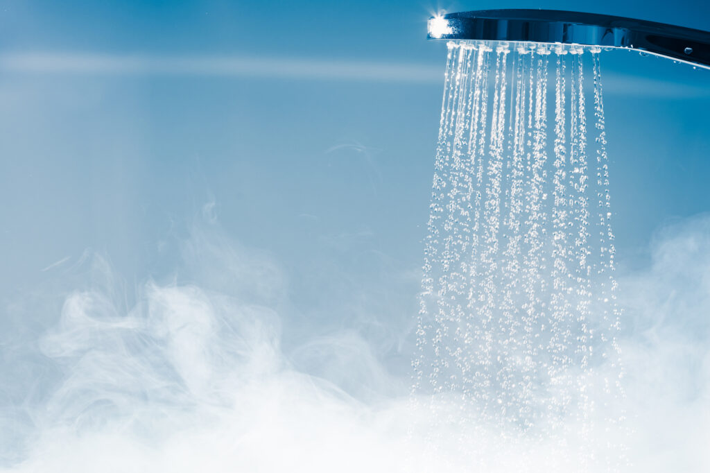 shower with flowing water and steam water pressure