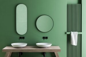 double sinks in a modern green bathroom